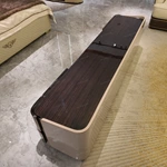 Modern Luxury TV Stand with Rounded Corner Design, High-Gloss Wood Finish and Gold-Framed Storage Compartments